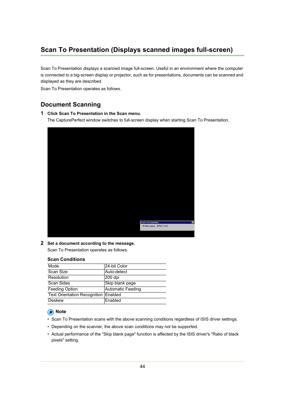 Scan to presentation, Scan to presentation (displays scanned images full, Screen) | P. 44), Scan to presentation (displays scanned, Images full-screen), Document scanning | Canon Capture Perfect 3.0 User Manual | Page 44 / 70