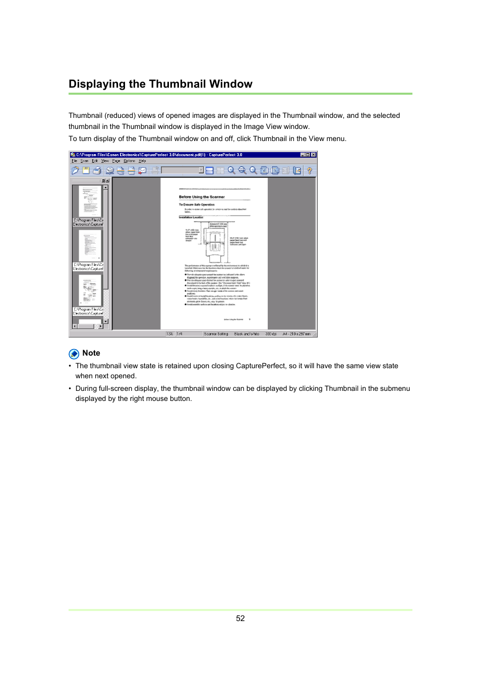 Displaying the thumbnail window, Displaying, The thumbnail window | P. 52) | Canon Capture Perfect 3.0 User Manual | Page 52 / 70