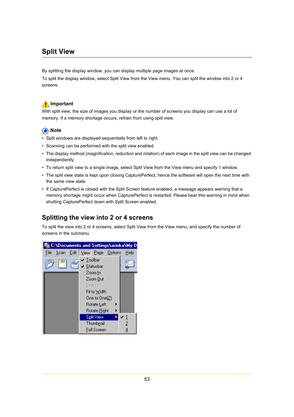 Split view, P. 53), Splitting the view into 2 or 4 screens | Canon Capture Perfect 3.0 User Manual | Page 53 / 70