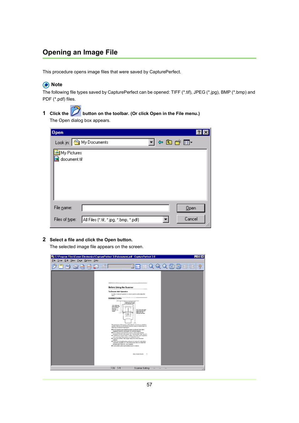 Opening an image file, P. 57) | Canon Capture Perfect 3.0 User Manual | Page 57 / 70