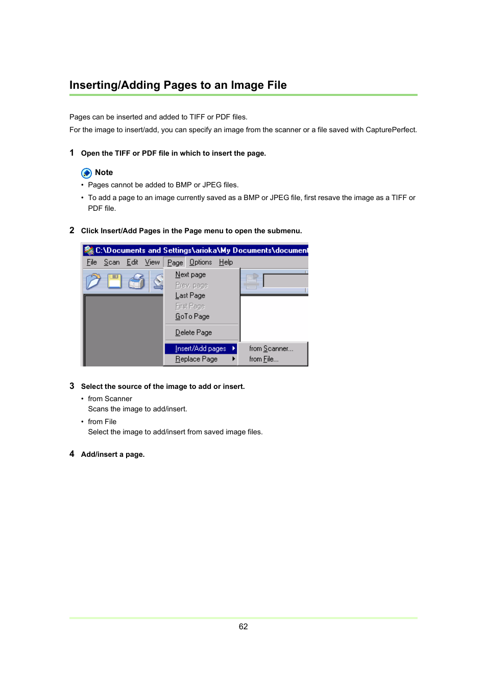 Image file, P. 62), Inserting/adding pages to an image file | Canon Capture Perfect 3.0 User Manual | Page 62 / 70