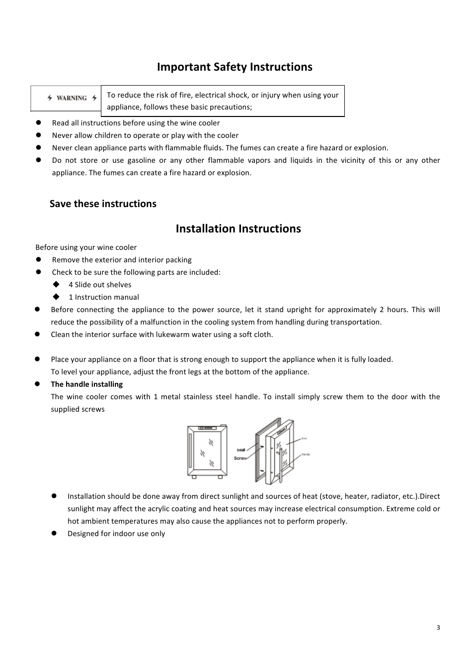 Important safety instructions, Installation instructions, Save these instructions | Campomatic WBC12DZ User Manual | Page 4 / 6