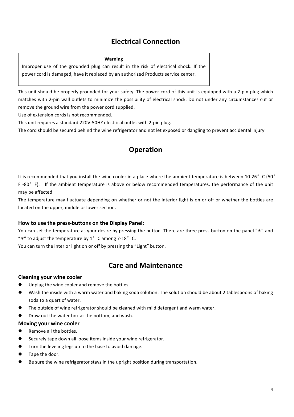 Electrical connection, Operation, Care and maintenance | Campomatic WBC12DZ User Manual | Page 5 / 6