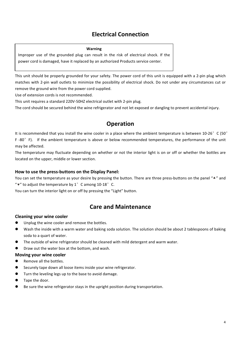 Electrical connection, Operation, Care and maintenance | Campomatic WBC12SZ User Manual | Page 5 / 6