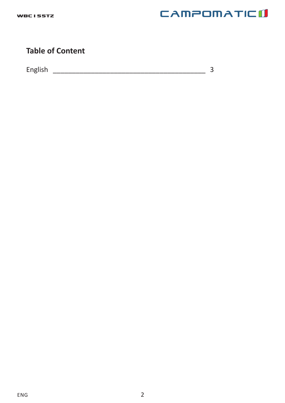 Table of content | Campomatic WBC155TZ User Manual | Page 2 / 9