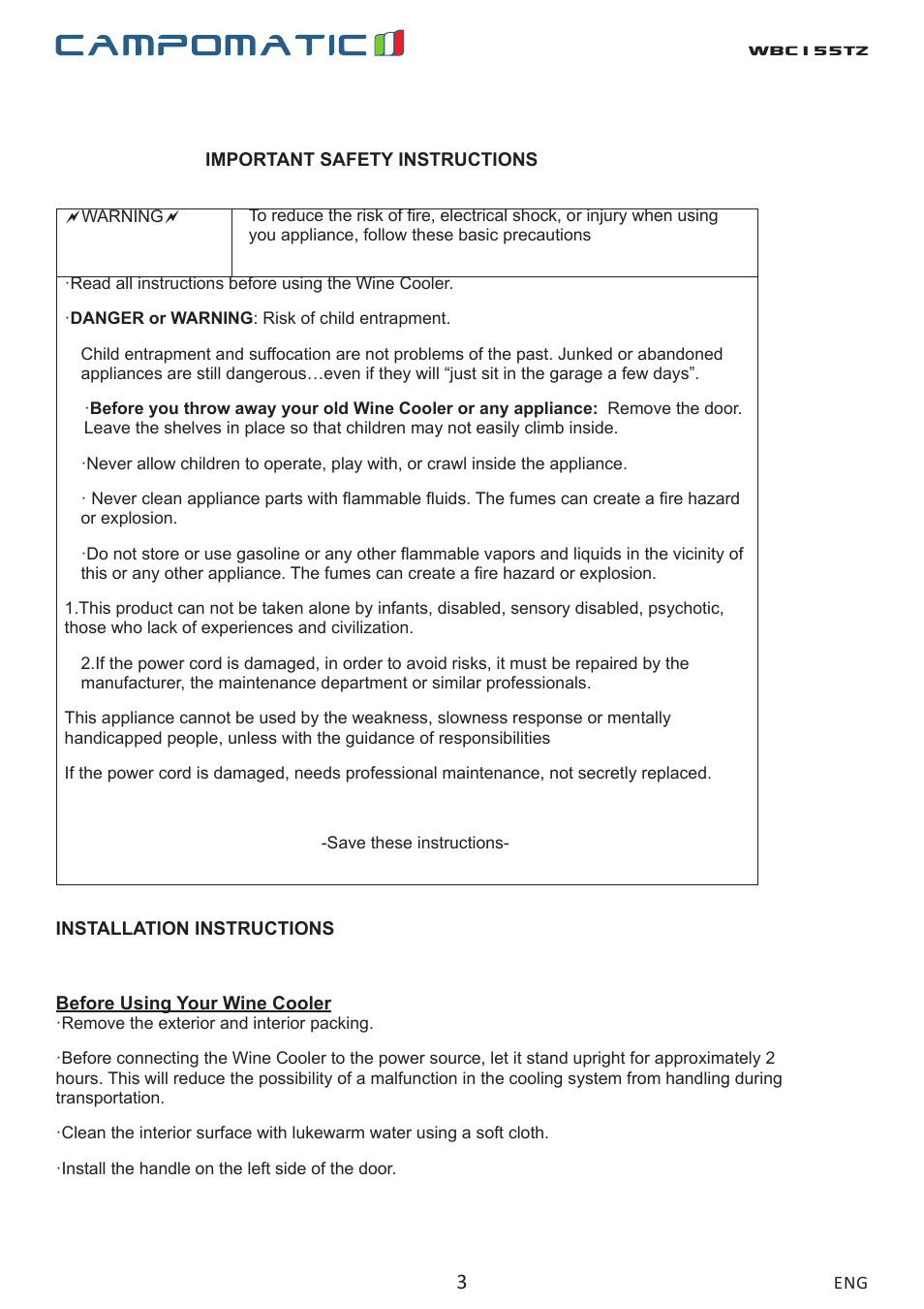 Wbc155tz | Campomatic WBC155TZ User Manual | Page 3 / 9