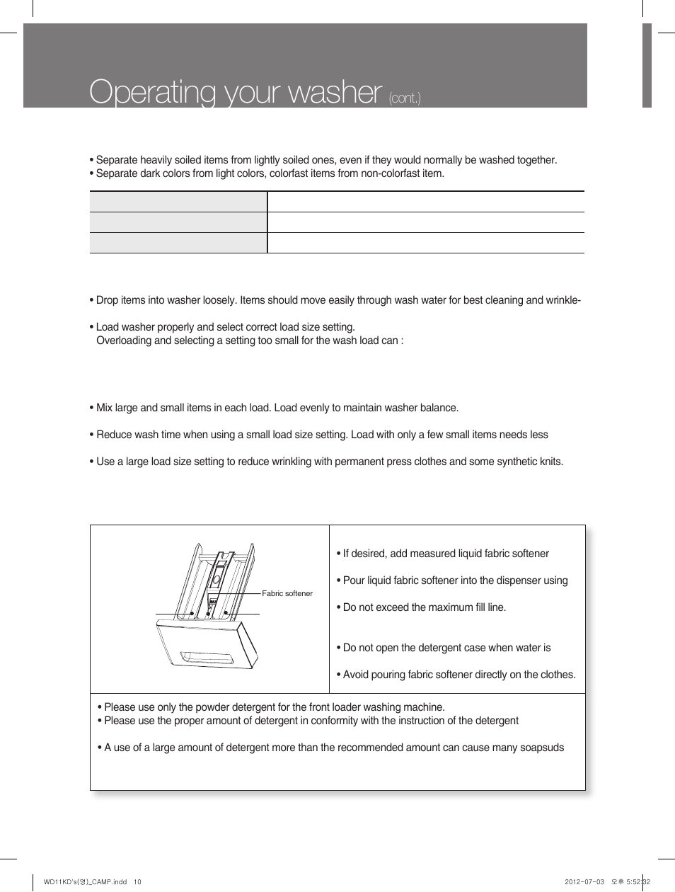 Operating your washer, Cont.) | Campomatic WD11KD User Manual | Page 10 / 35