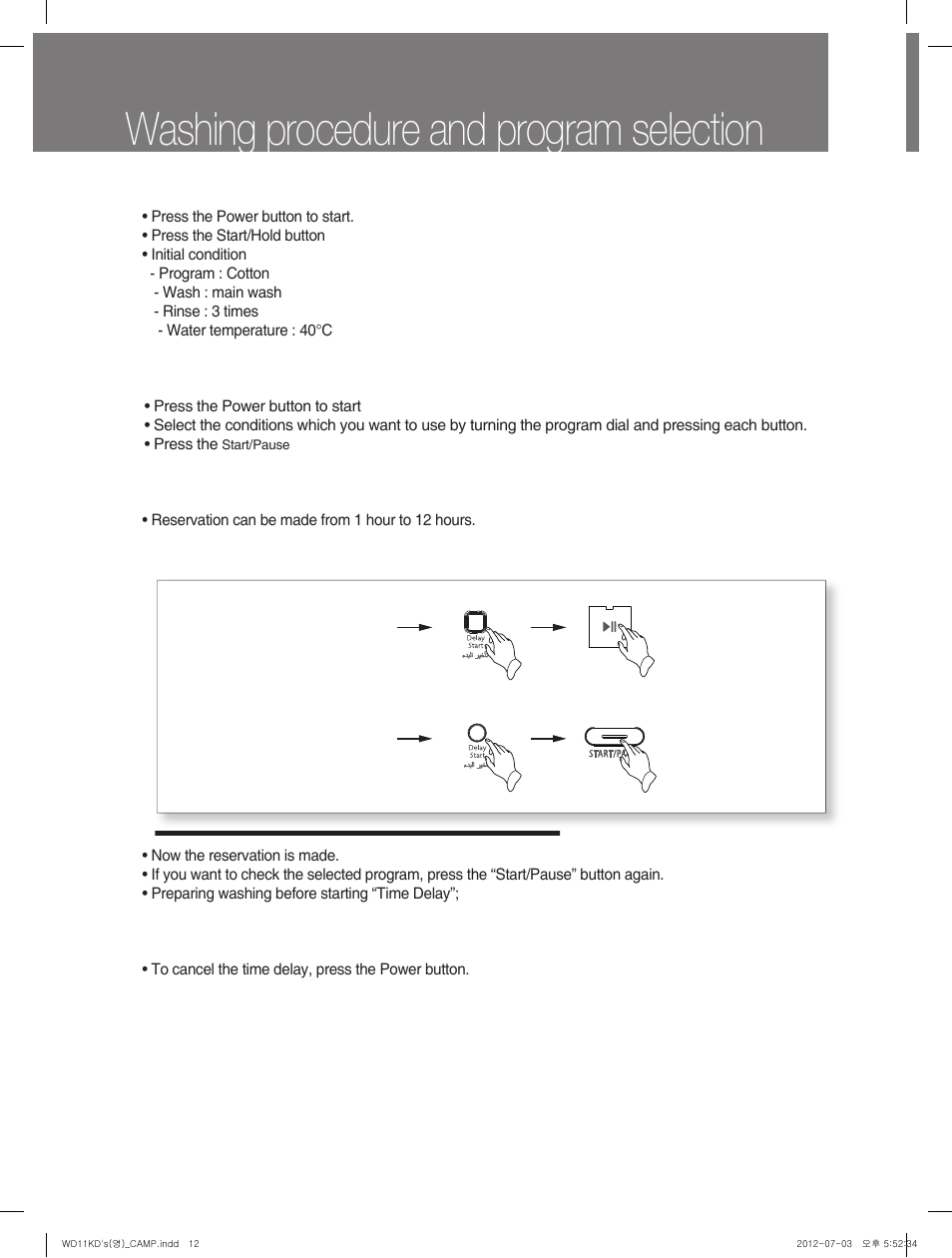 Washing procedure and program selection | Campomatic WD11KD User Manual | Page 12 / 35