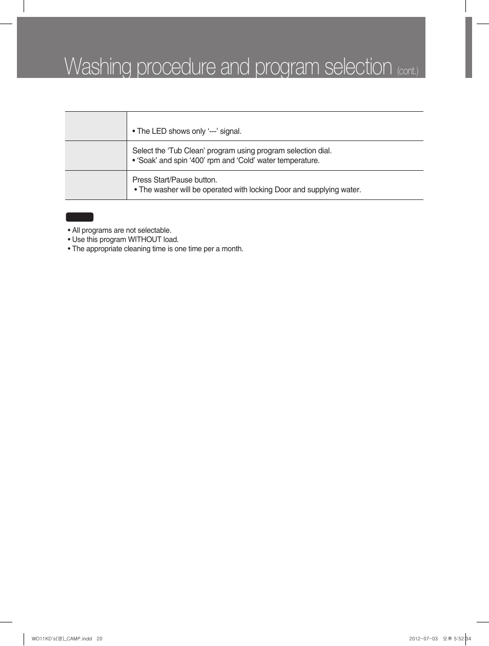 Washing procedure and program selection, Cont.) | Campomatic WD11KD User Manual | Page 20 / 35