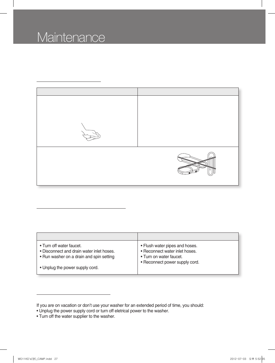 Maintenance, Cleaning your washer winter storage or moving care, Non-use or vacation care | Campomatic WD11KD User Manual | Page 27 / 35