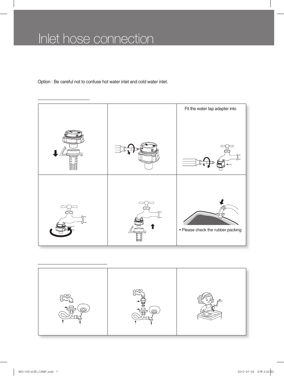 Inlet hose connection, For ordinary tap, For screw-shaped tap | E-6 e-7 e-6 e-7, Check the packing in the inlet | Campomatic WD11KD User Manual | Page 7 / 35