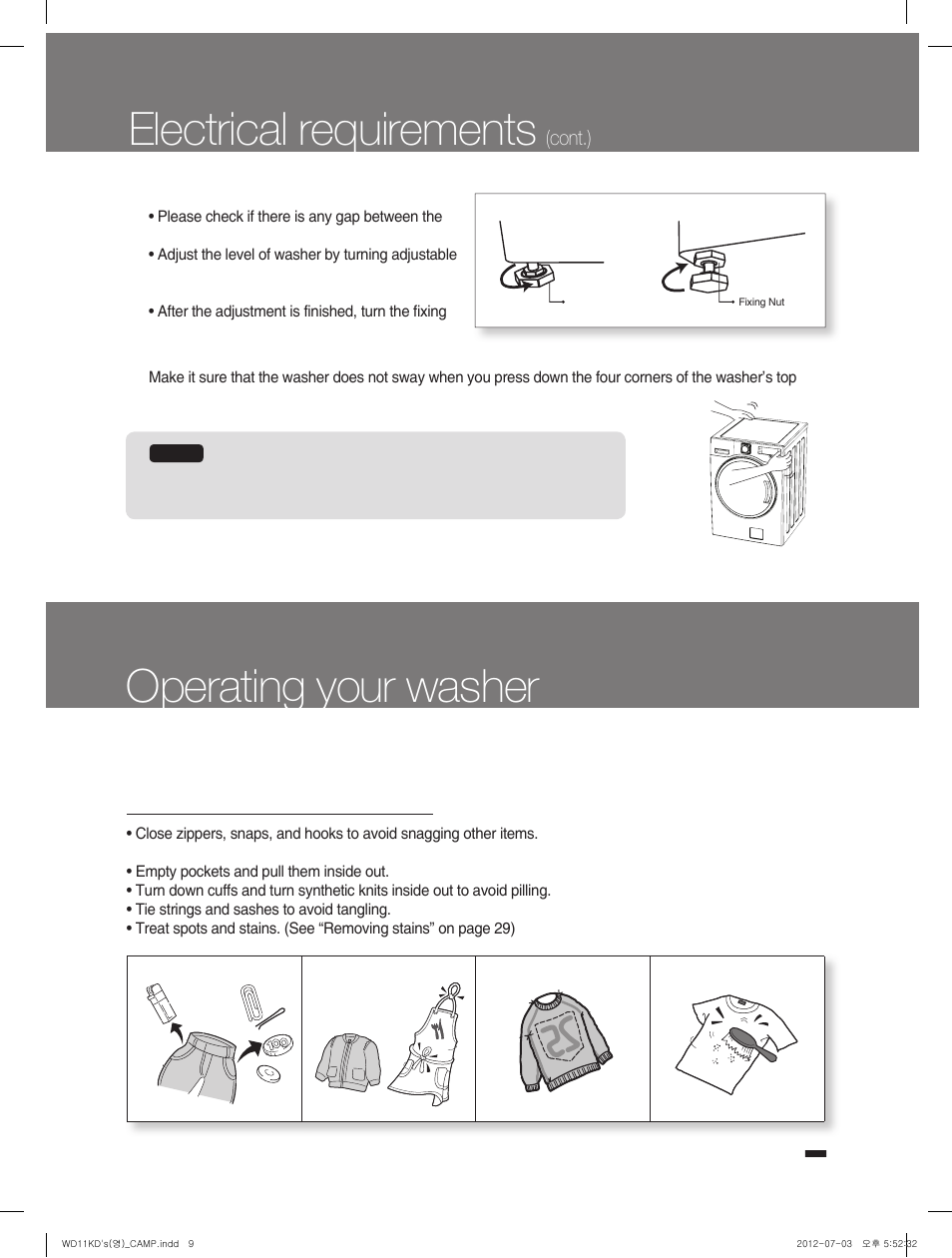 Electrical requirements, Operating your washer, Preparing clothes for washing | Cont.) | Campomatic WD11KD User Manual | Page 9 / 35