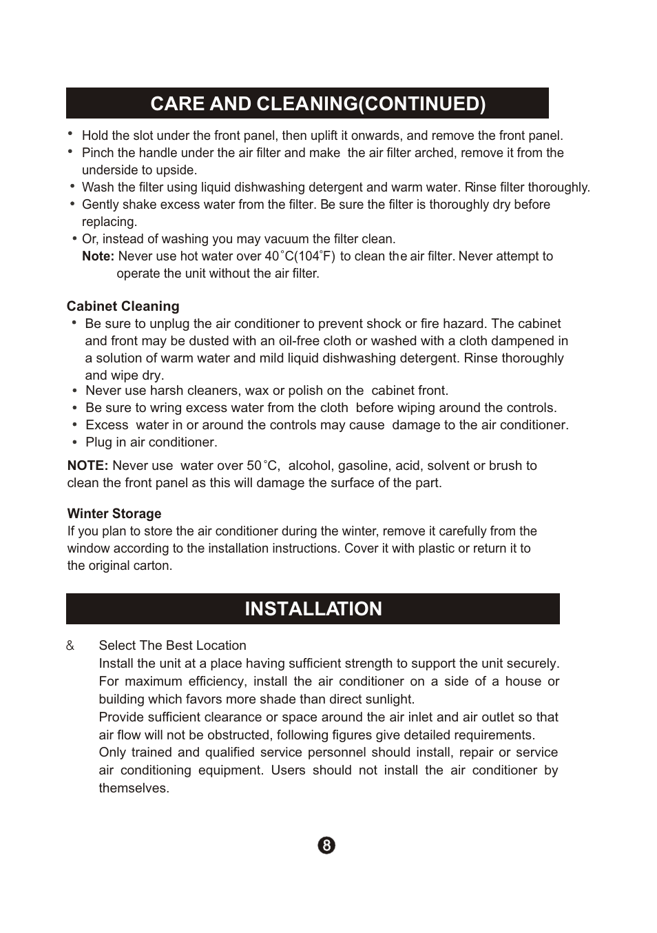 Ò³ãæ 11, Care and cleaning(continued), Installation | Campomatic Window AC User Manual | Page 11 / 17