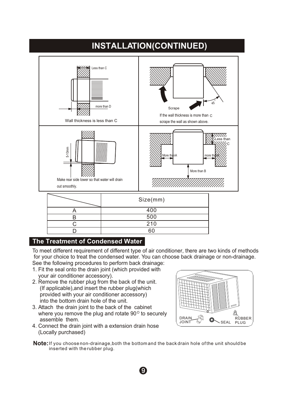 Ò³ãæ 12, Installation(continued), The treatment of condensed water | Campomatic Window AC User Manual | Page 12 / 17