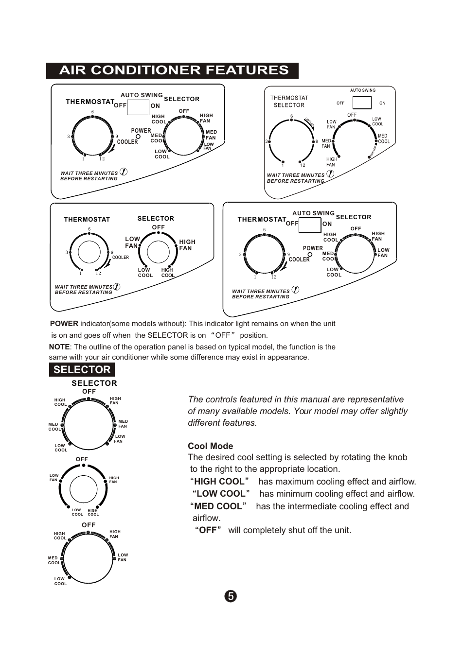 Ò³ãæ 8, Air conditioner features, Selector | Campomatic Window AC User Manual | Page 8 / 17