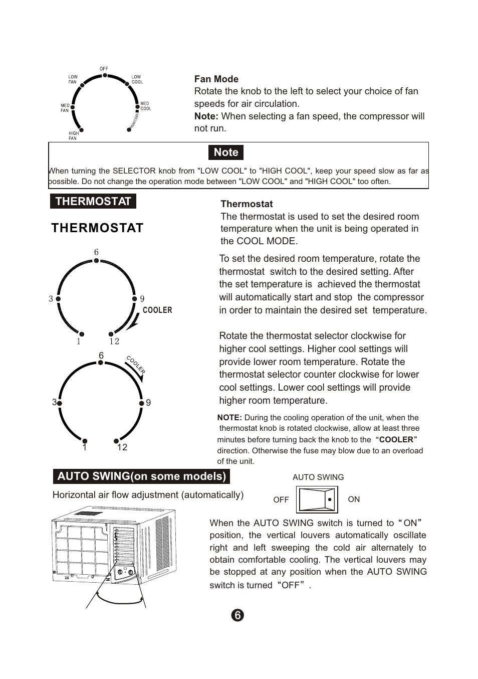 Ò³ãæ 9, Thermostat, Auto swing(on some models) | Campomatic Window AC User Manual | Page 9 / 17