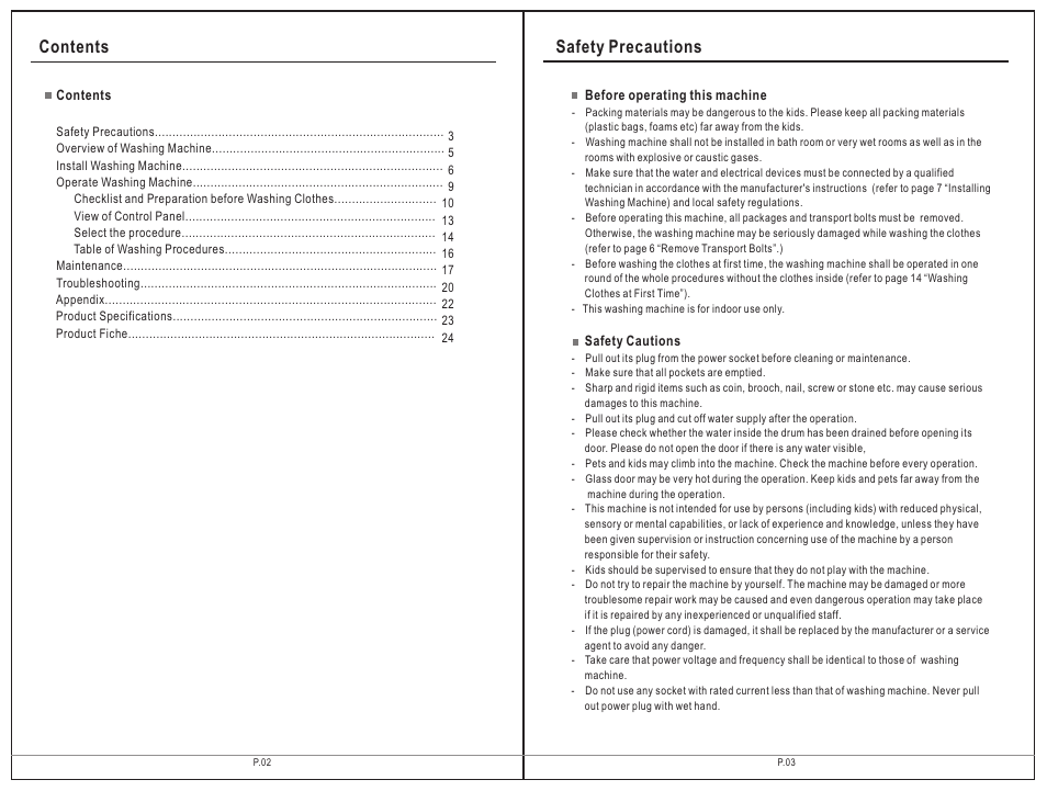 Contents safety precautions | Campomatic WM708 Modena User Manual | Page 2 / 23