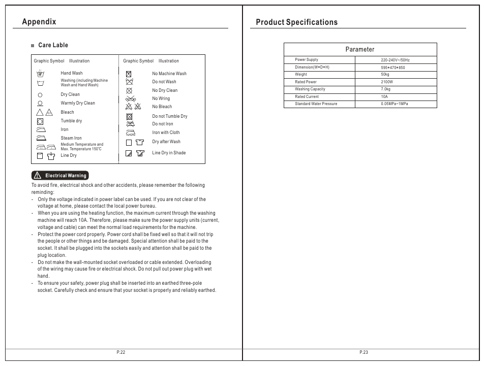 Appendix product specifications | Campomatic WM708 Modena User Manual | Page 22 / 23