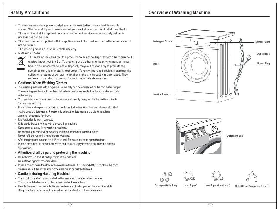 Safety precautions overview of washing machine | Campomatic WM708 Modena User Manual | Page 5 / 23