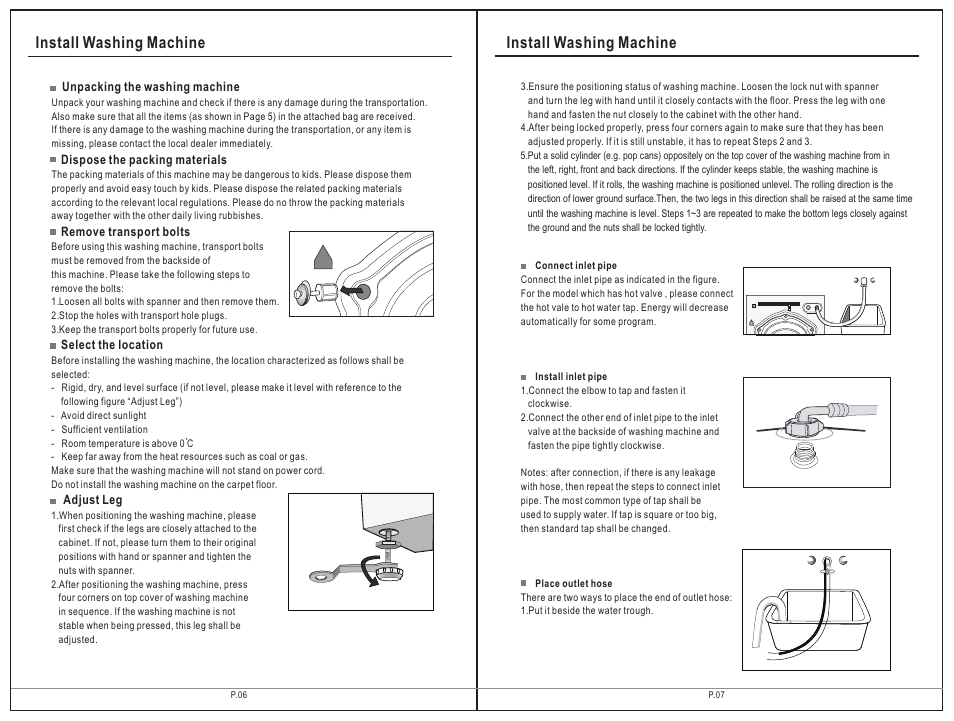 Install washing machine | Campomatic WM708 Modena User Manual | Page 6 / 23