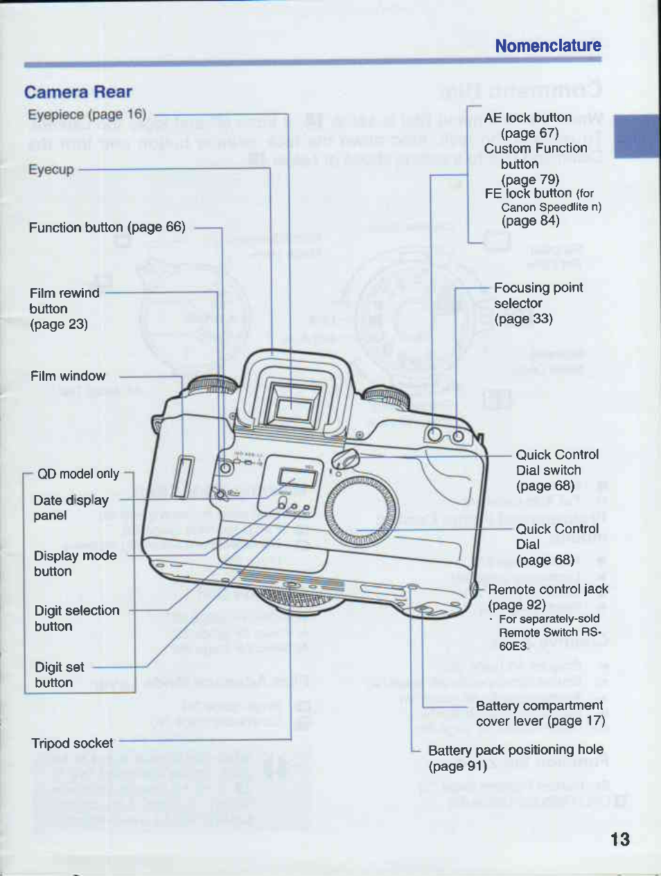 Camera rear, Nomenclature | Canon EOS 50E User Manual | Page 13 / 100