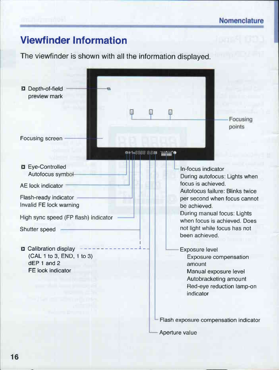 Viewfinder information, Nomenclature | Canon EOS 50E User Manual | Page 16 / 100