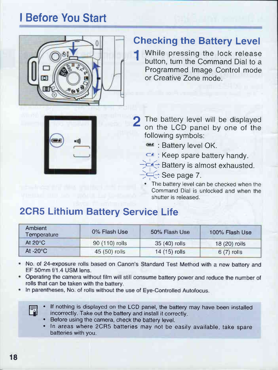 I before you start, Checking the battery level, 2cr5 lithium battery service life | Canon EOS 50E User Manual | Page 18 / 100