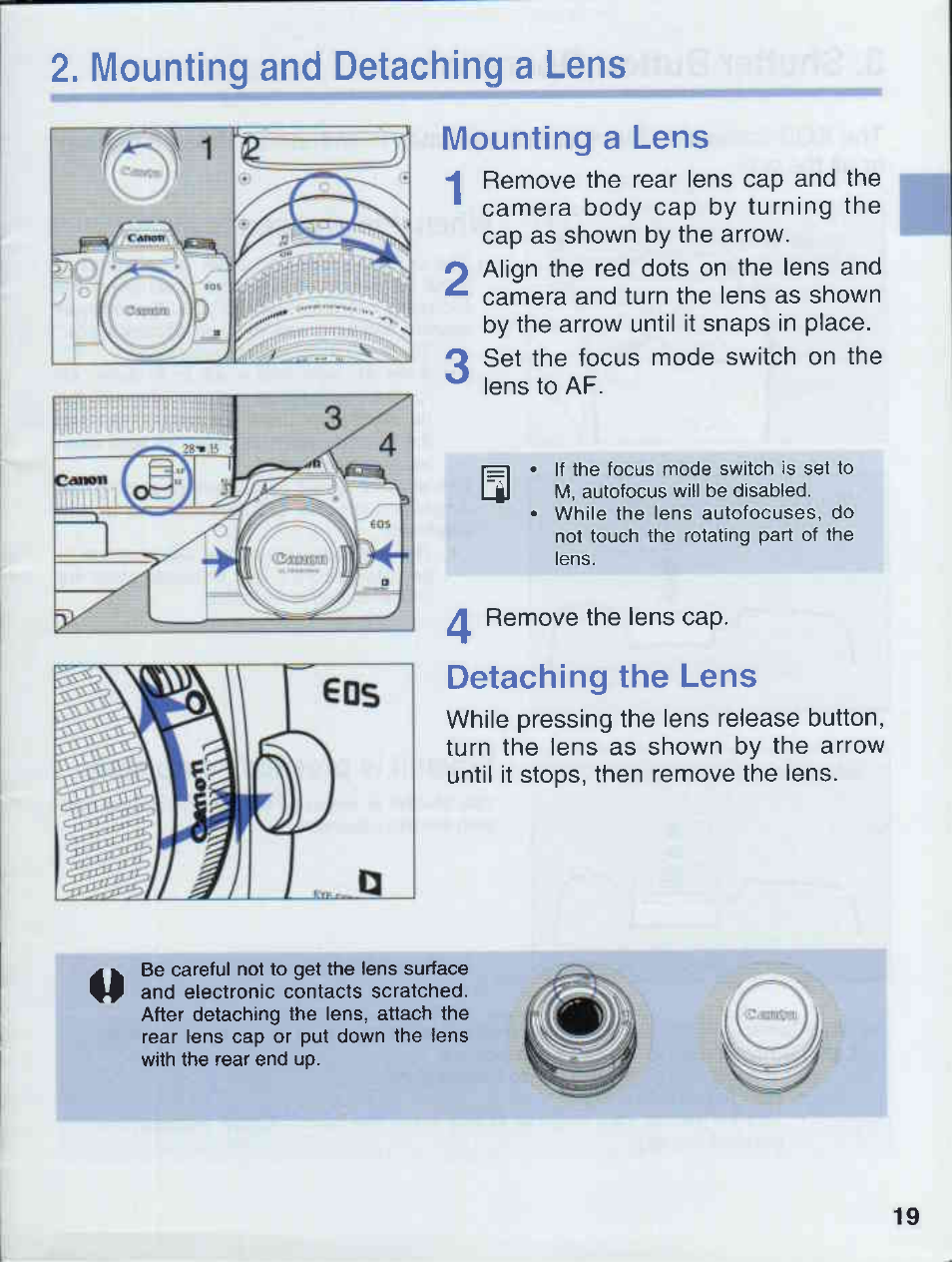 Mounting and detaching a lens, Mounting a lens, Detaching the lens | Mounting and detaching a lons | Canon EOS 50E User Manual | Page 19 / 100