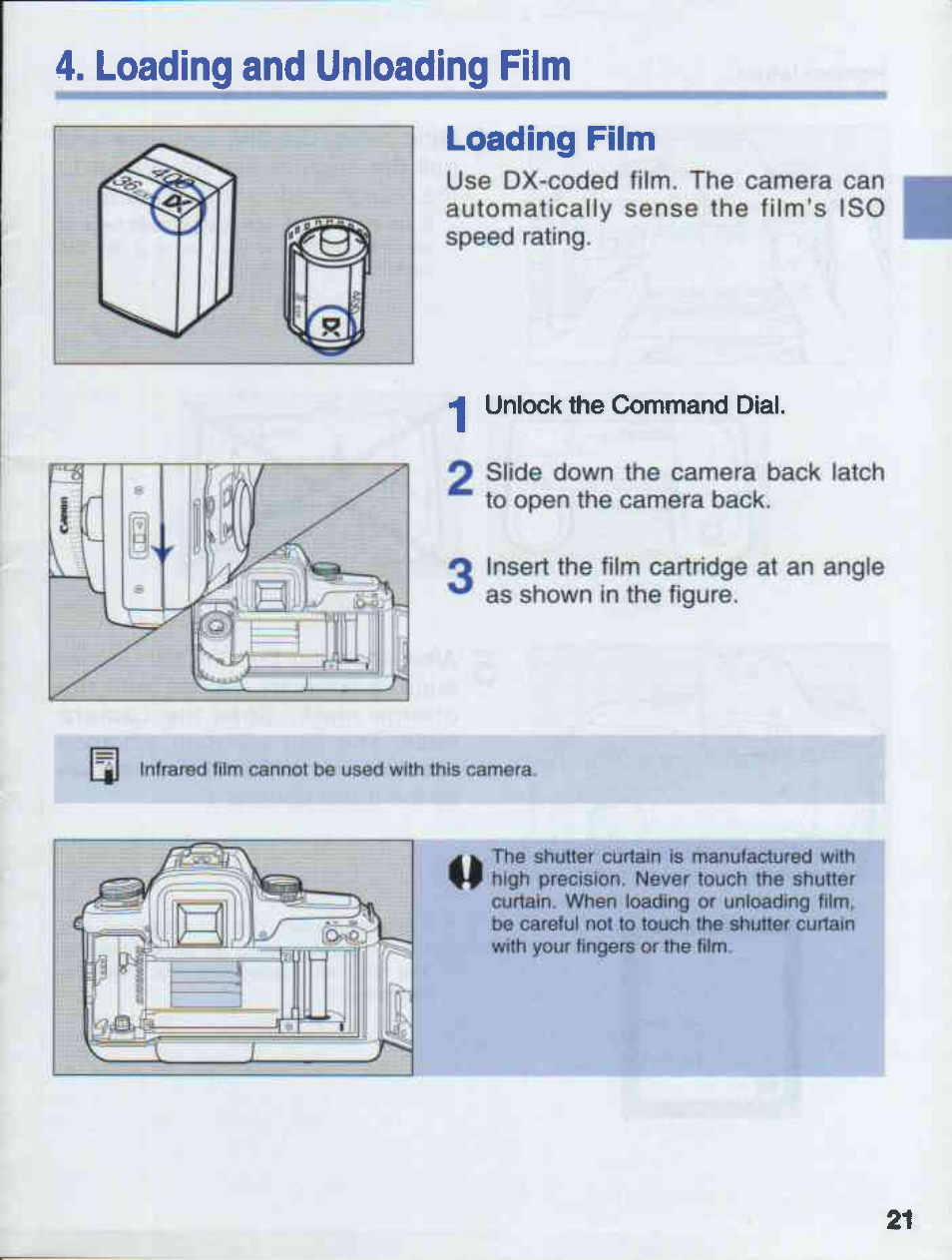 Loading and unloading film, Loading and unloading film t | Canon EOS 50E User Manual | Page 21 / 100