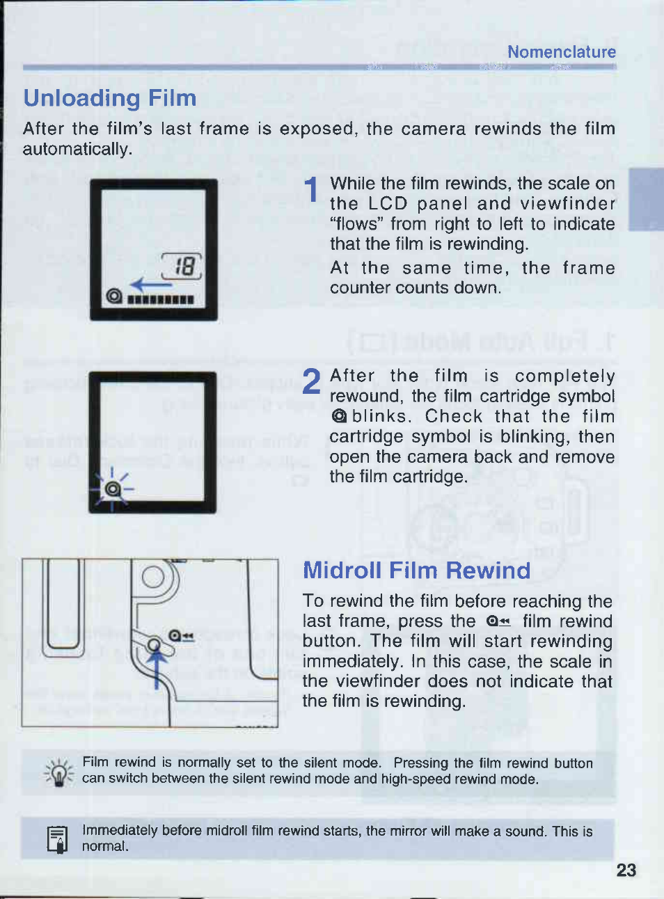 Unloading film, Midroll film rewind | Canon EOS 50E User Manual | Page 23 / 100