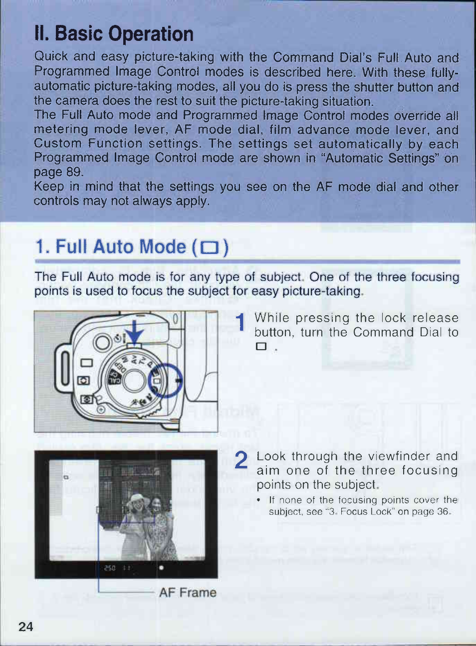 Ii. basic operation, Full auto mode (□) | Canon EOS 50E User Manual | Page 24 / 100