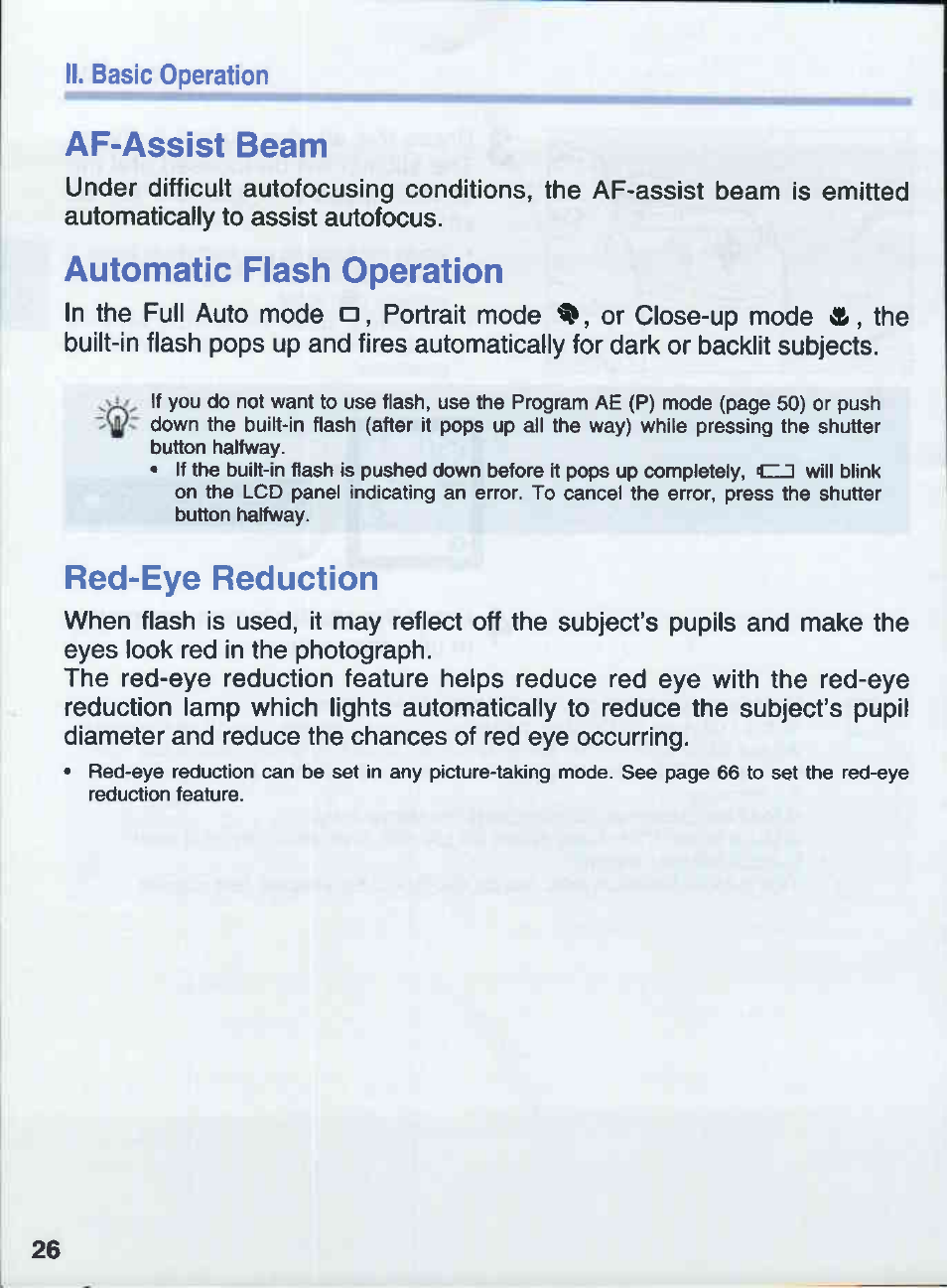Af-assist beam, Automatic flash operation, Red-eye reduction | Canon EOS 50E User Manual | Page 26 / 100