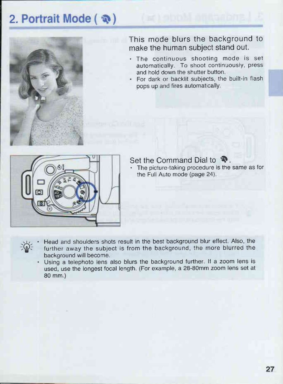 Portrait mode, Set the command dial to | Canon EOS 50E User Manual | Page 27 / 100