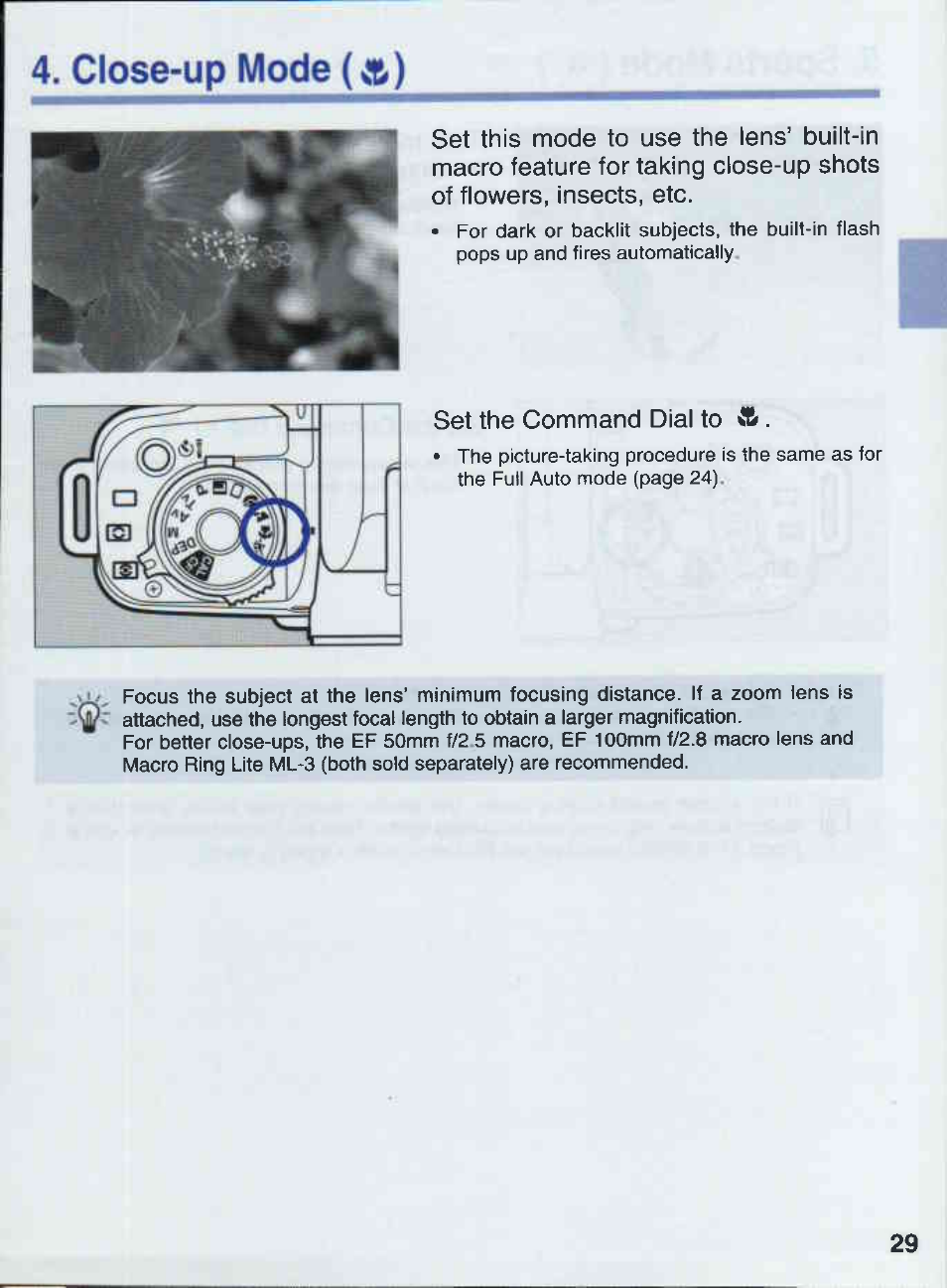 Close-up mode | Canon EOS 50E User Manual | Page 29 / 100