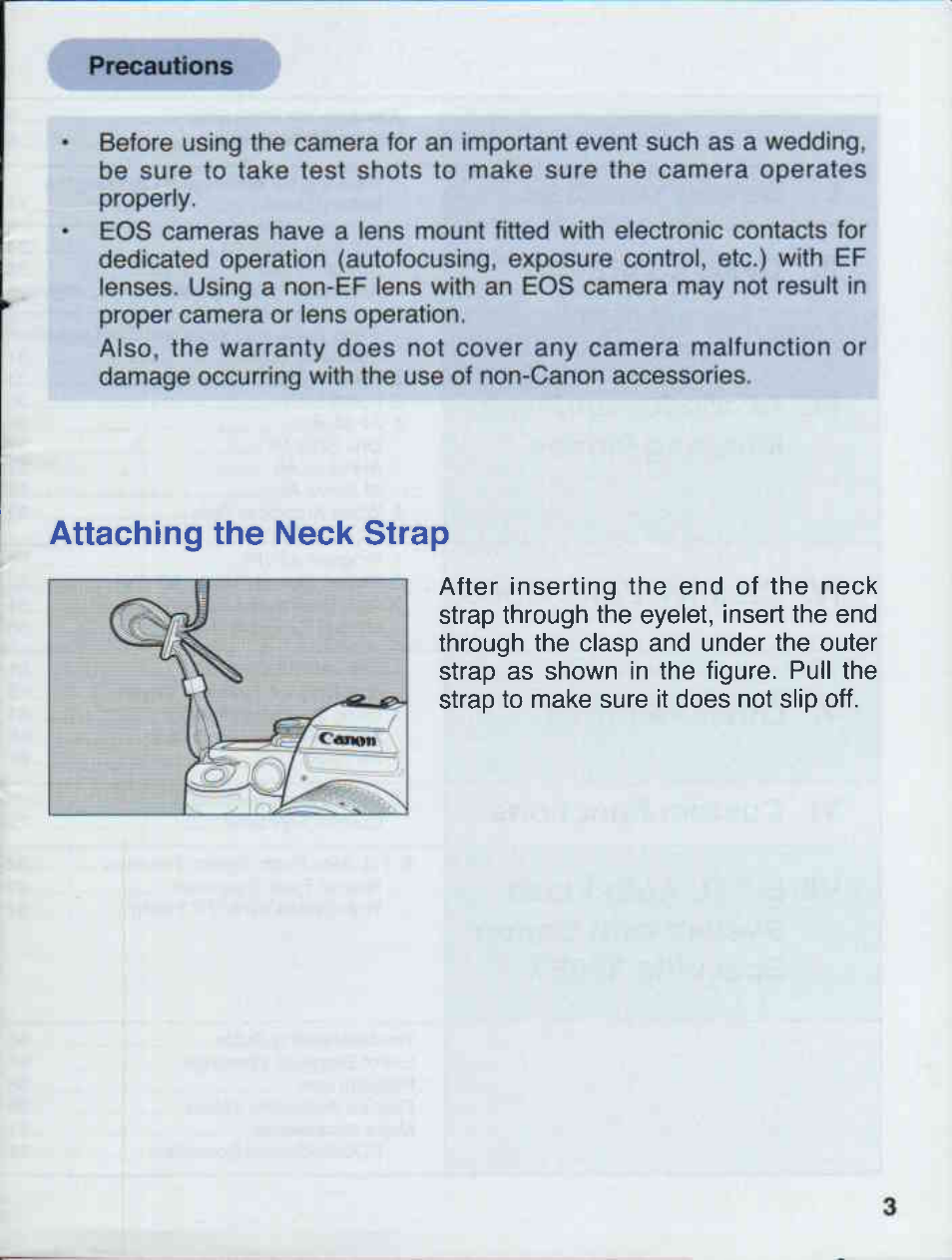 Attaching the neck strap | Canon EOS 50E User Manual | Page 3 / 100