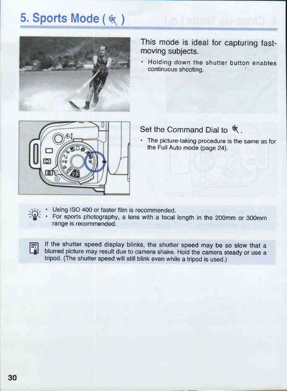 Sports mode (), Set the command dial to | Canon EOS 50E User Manual | Page 30 / 100