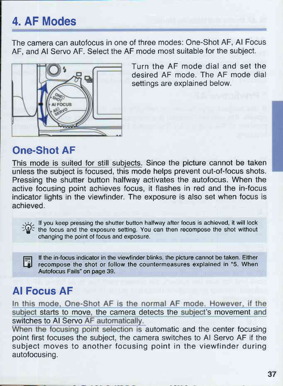 Af modes, One-shot af, Al focus af | Canon EOS 50E User Manual | Page 37 / 100