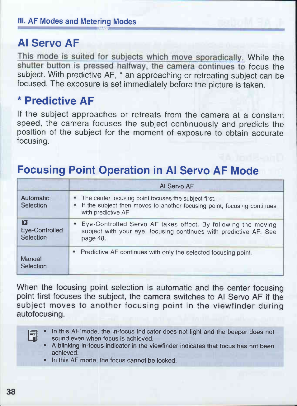 Al servo af, Predictive af, Focusing point operation in al servo af mode | Canon EOS 50E User Manual | Page 38 / 100