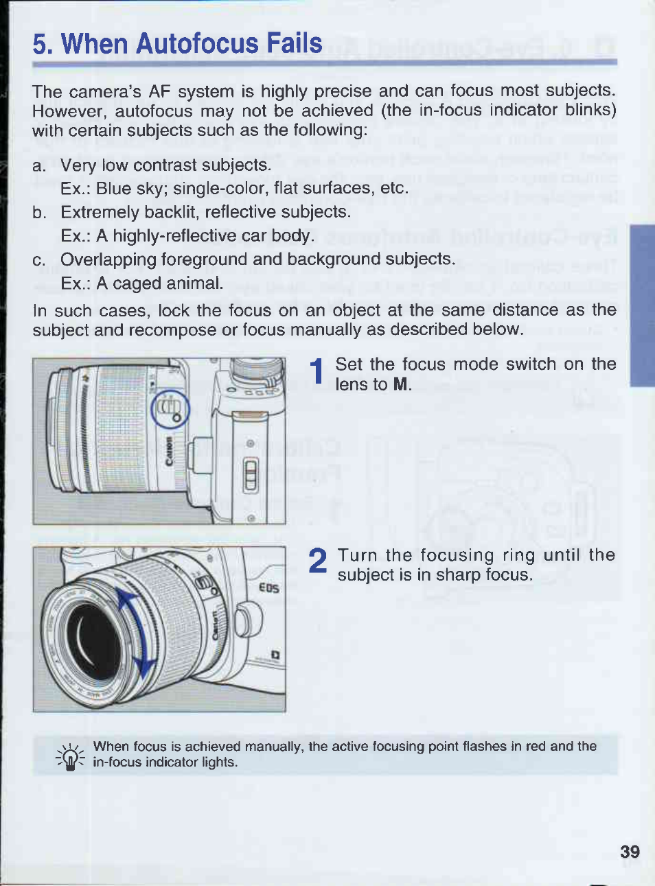 When autofocus fails | Canon EOS 50E User Manual | Page 39 / 100