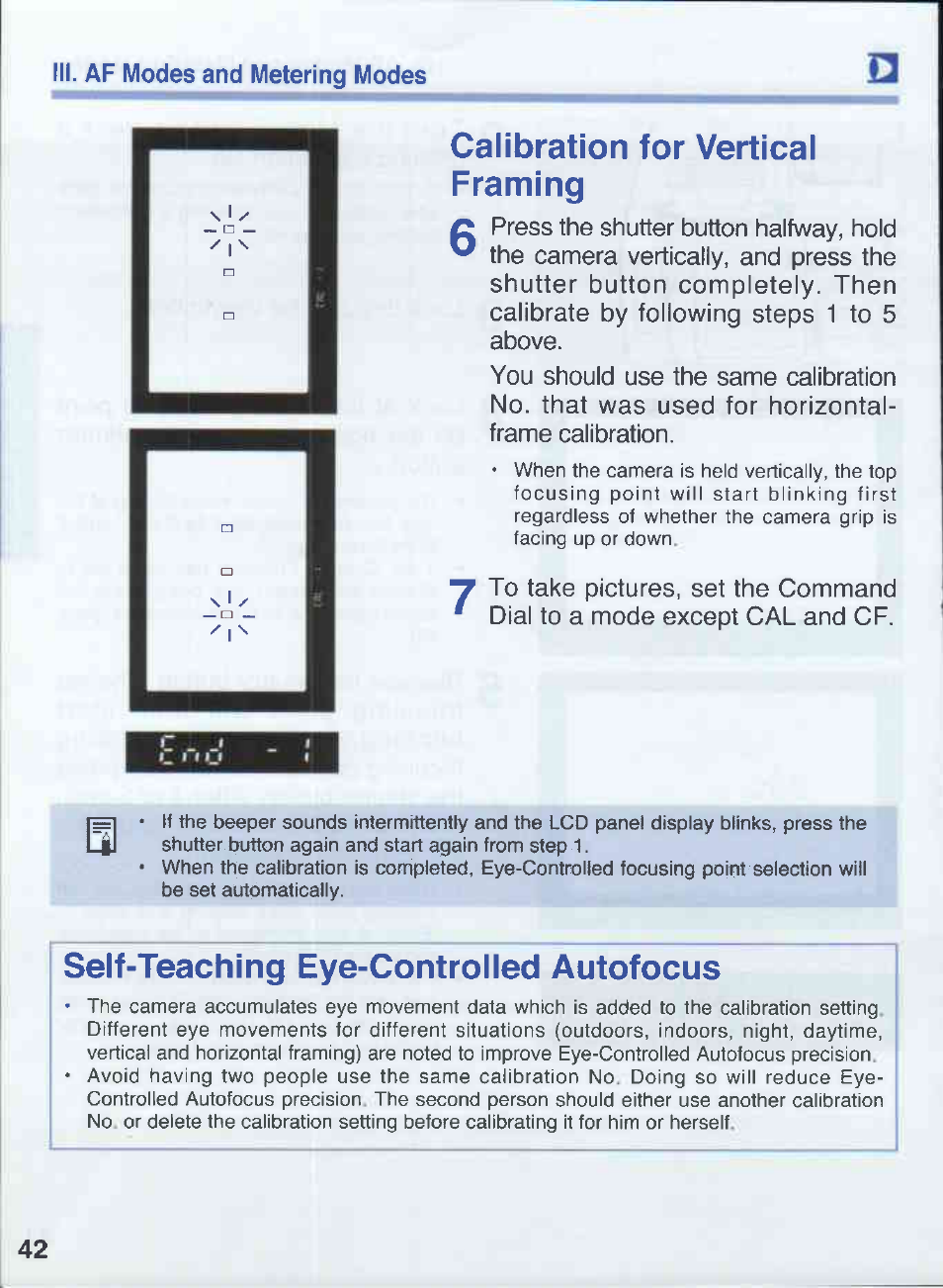 Calibration for vertical framing, Self-teaching eye-controlled autofocus | Canon EOS 50E User Manual | Page 42 / 100