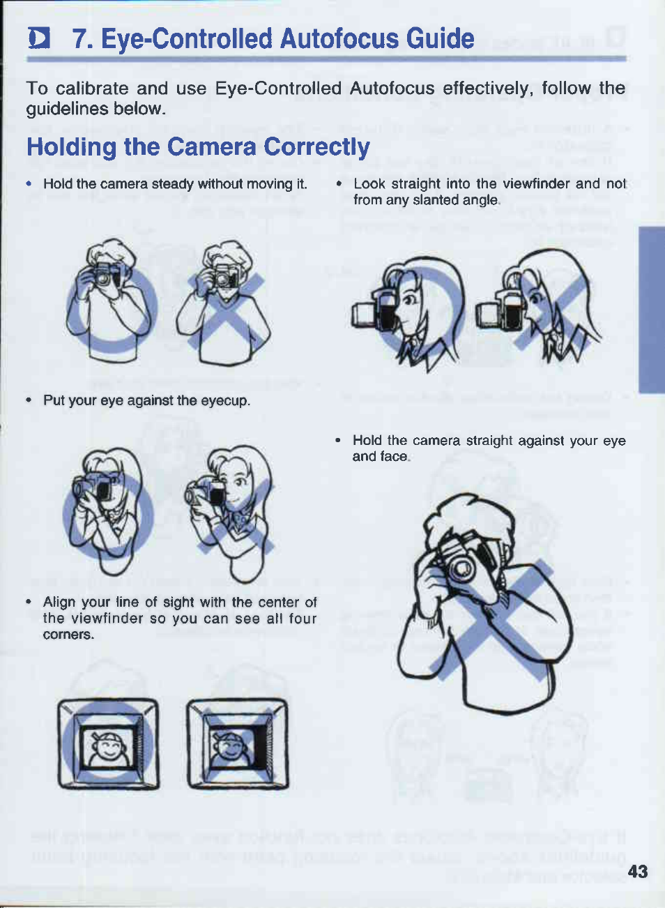 G 7. eye-controlled autofocus guide, Holding the camera correctly, Eye-controlled autofocus guide | Fielding the camera correctly | Canon EOS 50E User Manual | Page 43 / 100