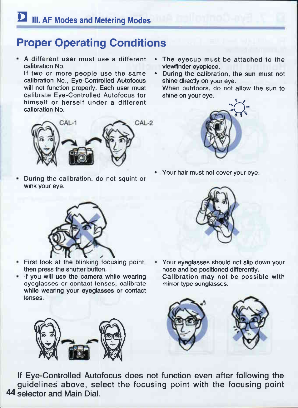 Proper operating conditions, Ii. af modes and metering modes | Canon EOS 50E User Manual | Page 44 / 100