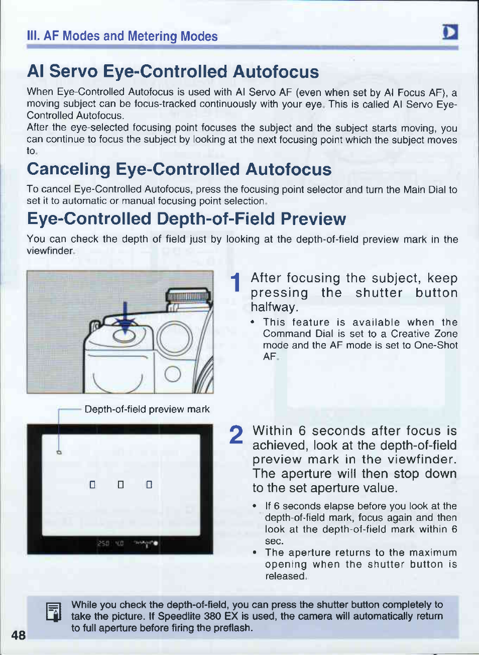 Al servo eye-controlled autofocus, Canceling eye-controlled autofocus, Eye-controlled depth-of-field preview | Canon EOS 50E User Manual | Page 48 / 100