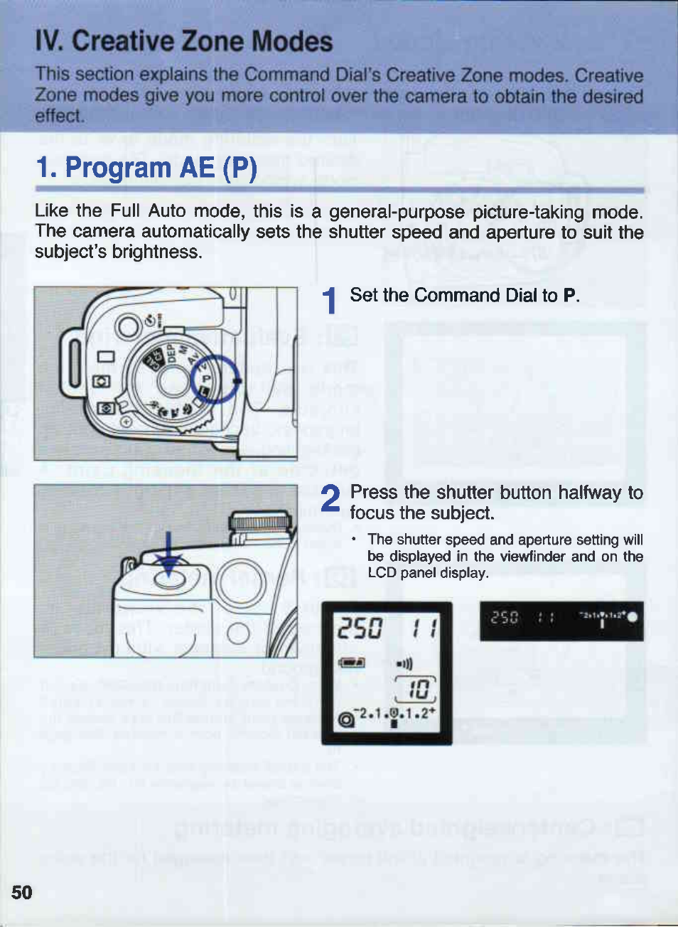 Iv. creative zone modes, Program ae (p) | Canon EOS 50E User Manual | Page 50 / 100
