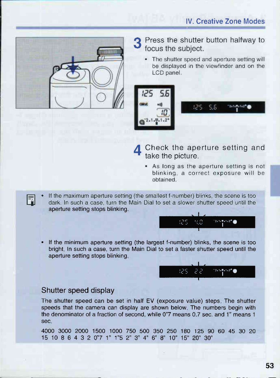 Check the aperture setting and take the picture, Shutter speed display | Canon EOS 50E User Manual | Page 53 / 100