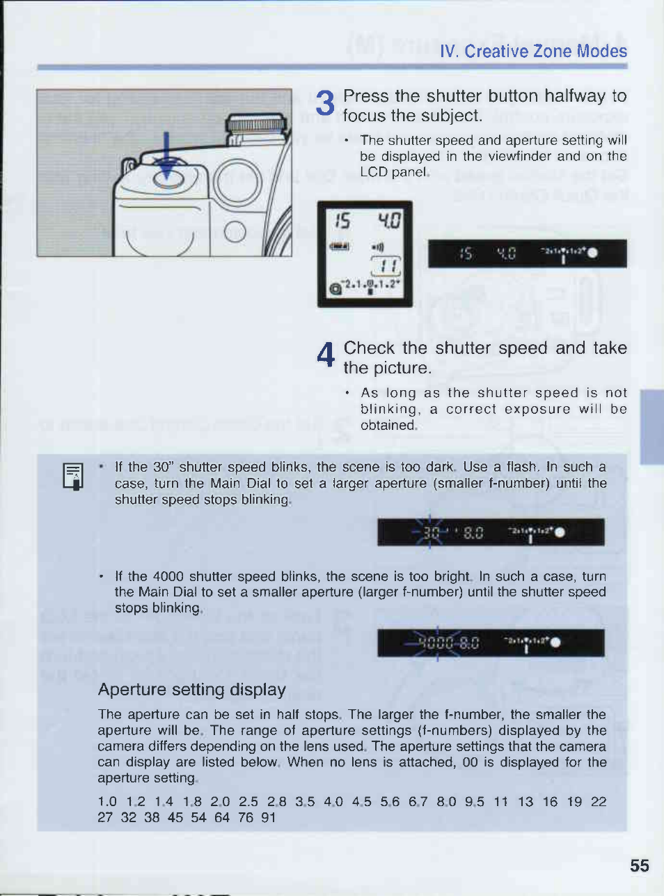Check the shutter speed and take the picture, Aperture setting display | Canon EOS 50E User Manual | Page 55 / 100