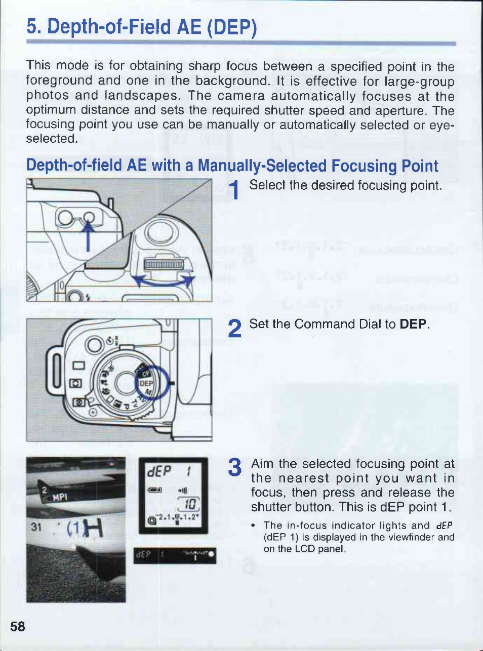 Depth-of-field ae with a manually, Selected focusing point, Depth-of-field ae (dep) | Canon EOS 50E User Manual | Page 58 / 100