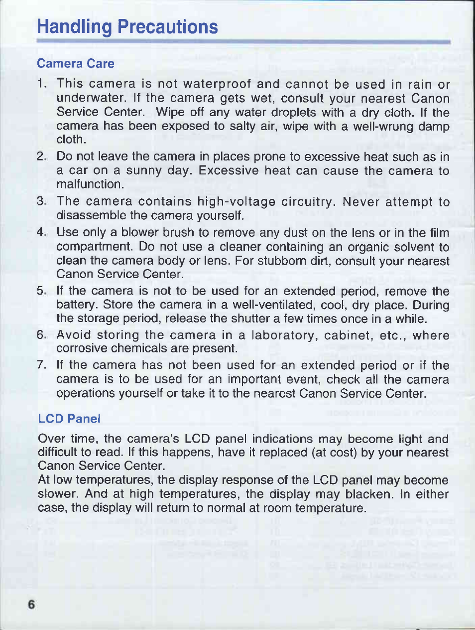 Handling precautions | Canon EOS 50E User Manual | Page 6 / 100