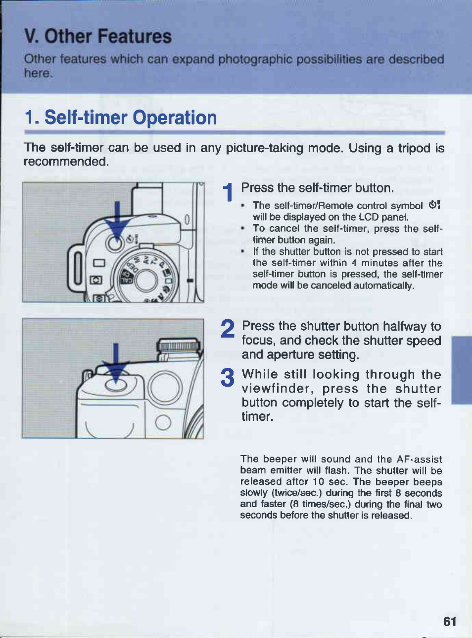 V. other features, 1 ■ self-timer operation | Canon EOS 50E User Manual | Page 61 / 100