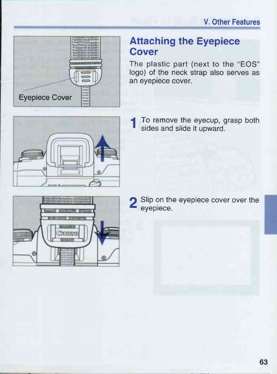 Attaching the eyepiece cover | Canon EOS 50E User Manual | Page 63 / 100
